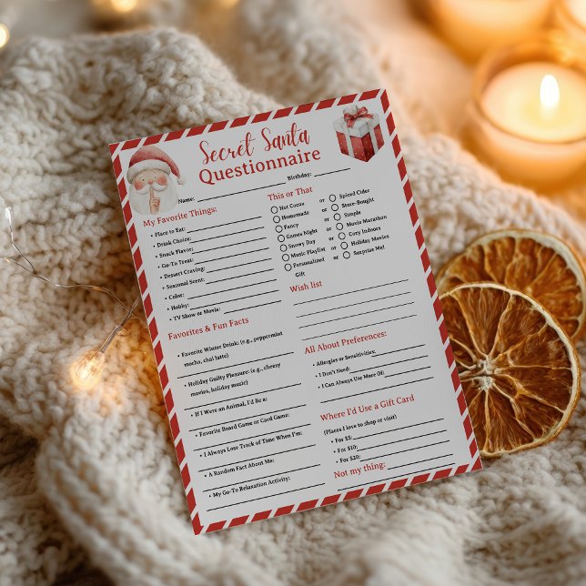 Flyer Simples Questionário de Papai Noel Secreto de Nata (Simple Christmas Winter Secret Santa Questionnaire Flyer)