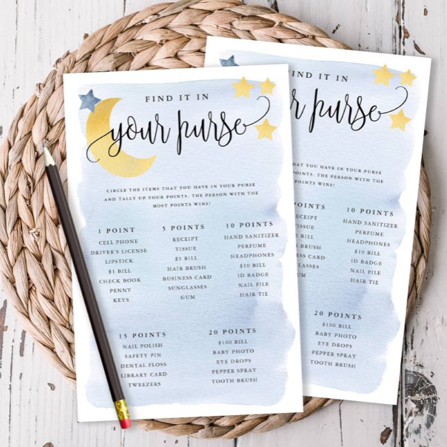 Flyer Sobre a lua Papel escavador de lua - Azul (Over the Moon Themed-Blue, What's in Your Purse Baby Shower Game)