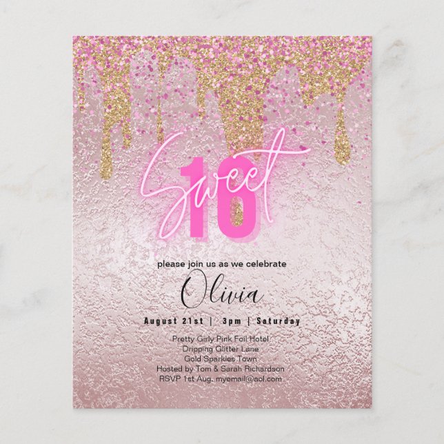 Flyer Sparkles Sweet16 Bonito Girly Pink 16th Birthday (Frente)