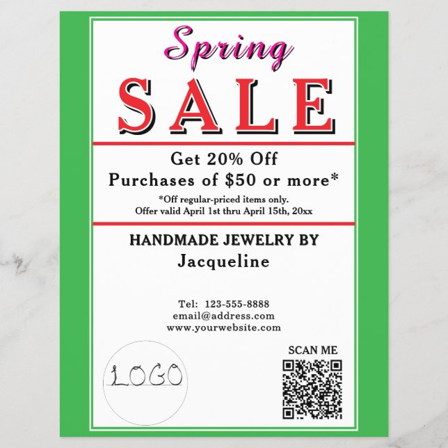 Flyer Spring Sale Jewelry Green White Heart (Frente)
