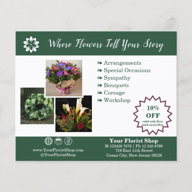 Flyer 🌸Sua Loja de Flores Verde e Branco Promocional (Frente)