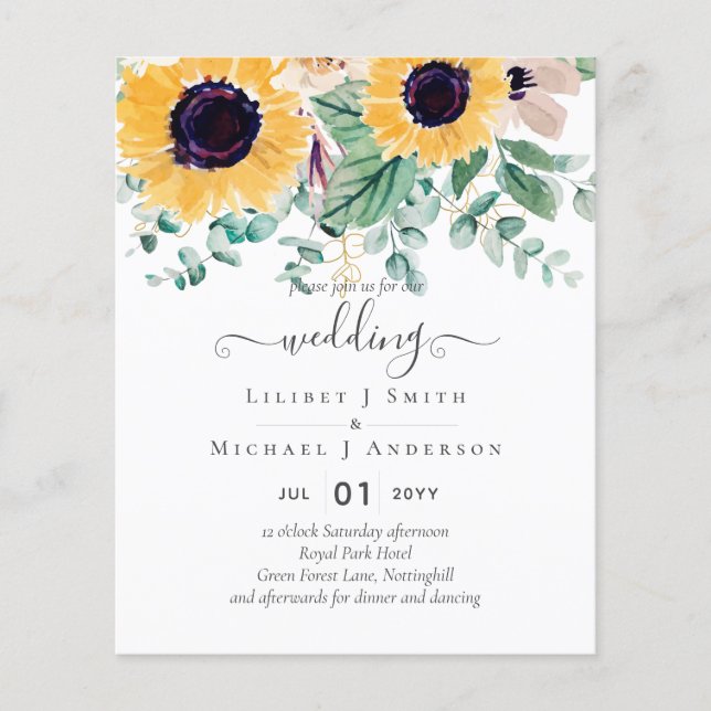 Flyer Summer Sunflowers Eucalyptus Greenery Wedding (Frente)