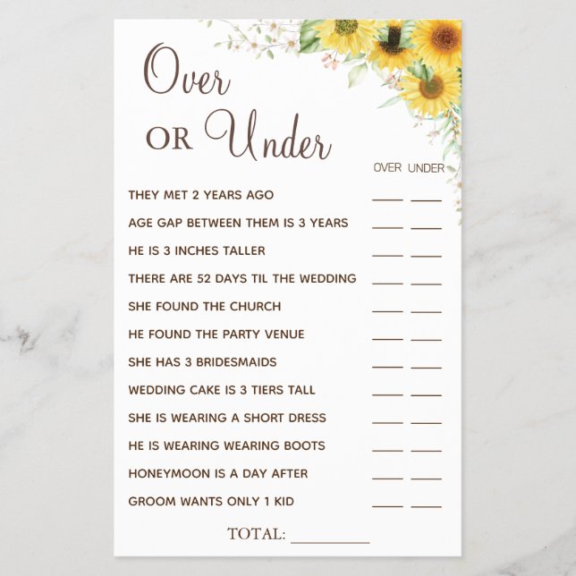 Flyer Sunflower Over or Under Bridal shower game card (Frente)