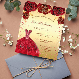 Flyer Sweet 16 gold red glitter dress budget invitation