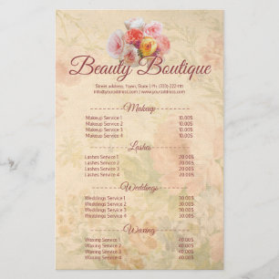 Flyer Tabela de preços da flor do vintage do boutique d