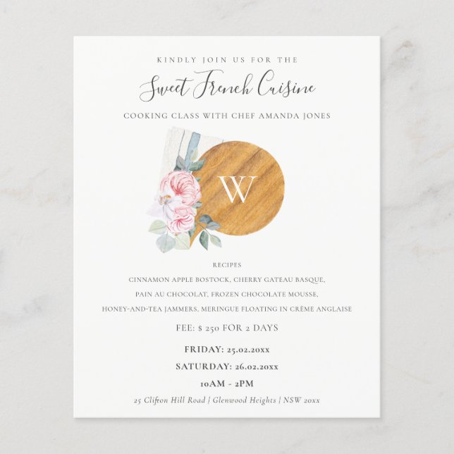 Flyer Tábua de Corte Blush Floral Classe de Culinária de (Frente)