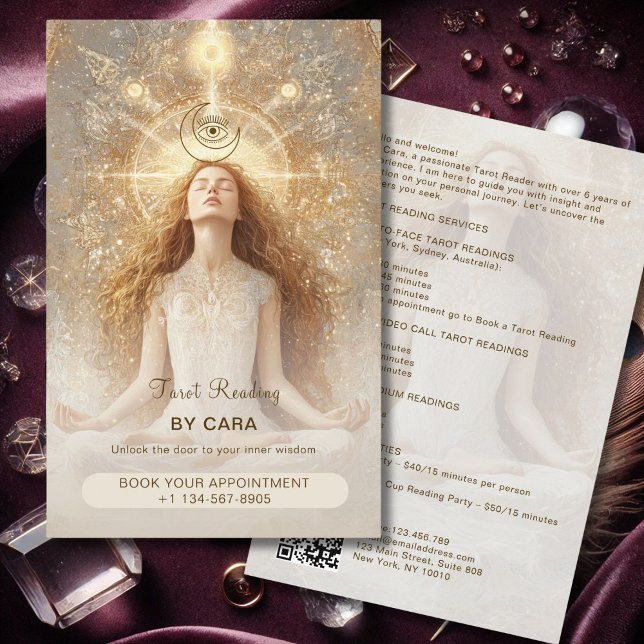 Flyer Tarot Mystic Woman Olho Lua Dourado Código QR (Tarot Mystic Woman Eye Moon Gold QR Code Flyer)