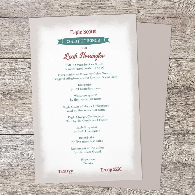 Flyer Teal Green & Burgundy Court of Honor Program (teal green and burgundy eagle scout court of honor ceremony program)