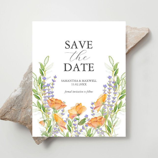 Flyer Tema De Casamento De Flores Selvagens Salvar A Dat (Budget wedding save the date watercolor orange and purple flowers by Victoria Grigaliunas)