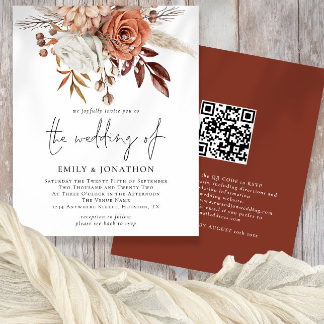 Flyer Terracotta Florals Código QR Casamento (Front and back view - value paper option)