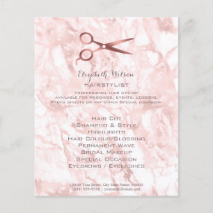 Flyer tesoura cabeleireira sobre mármore cor-de-rosa