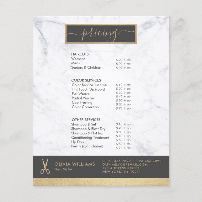 Flyer Tesoura Geométrica Dourada Chic Mármore Estilista  (Frente)