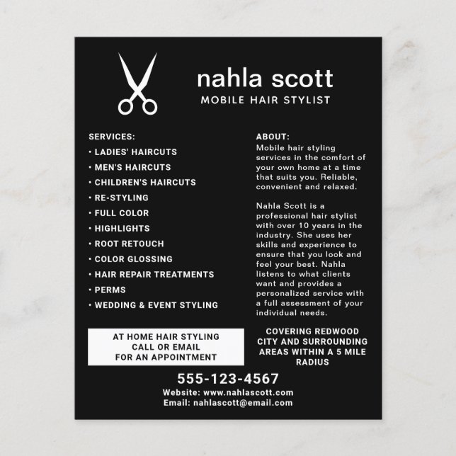 Flyer Tesoura Móvel Hair Stylist Preto Moderno (Frente)