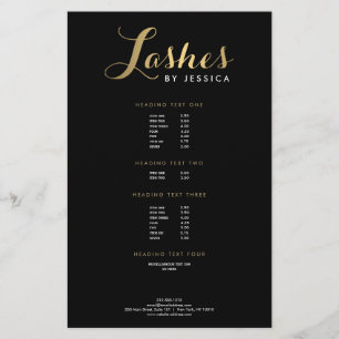 Flyer Texto Dourado/Folheto Preto do Script Lashes Glam