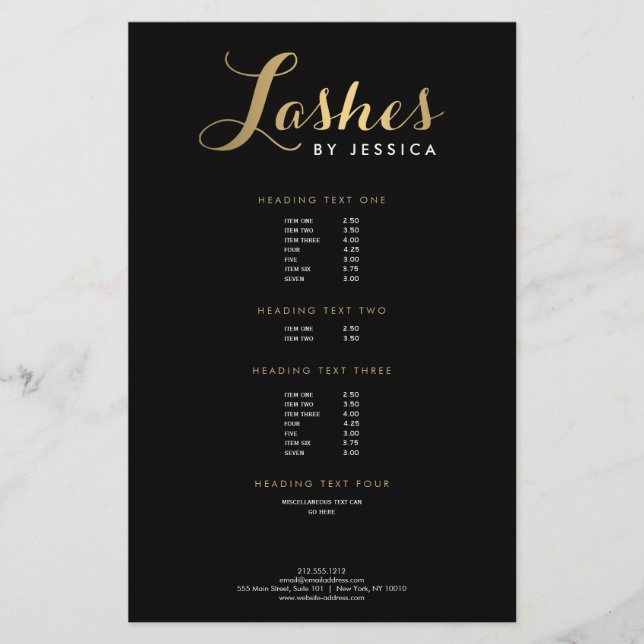 Flyer Texto Dourado/Folheto Preto do Script Lashes Glam (Frente)