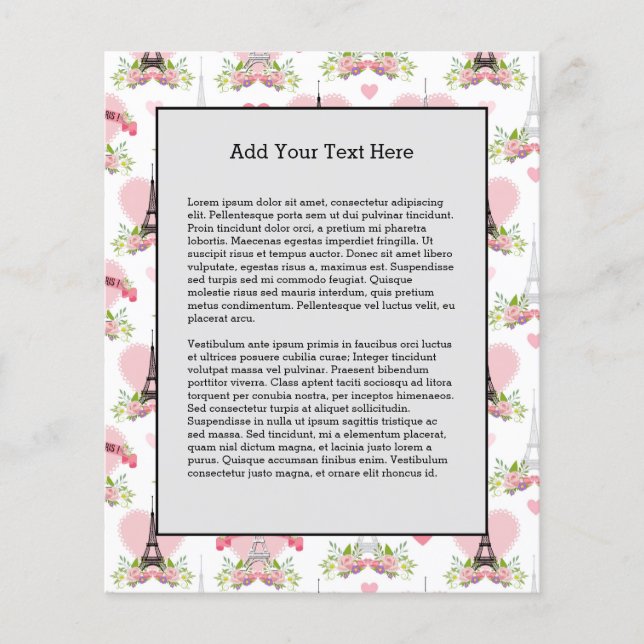 Flyer Torre Eiffel Flor Corações Rosa Paris Francês (Frente)