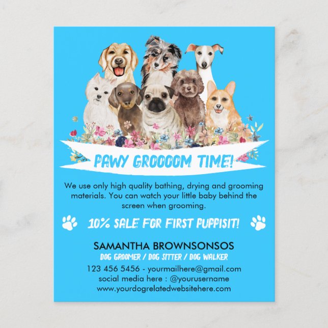 Flyer Tosa de cachorro floral simples ilustrado azul (Frente)