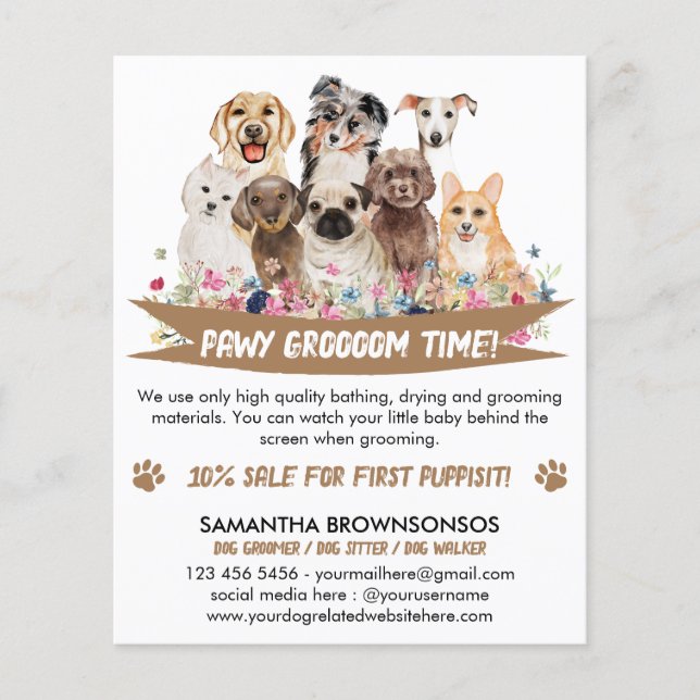 Flyer Tosa de Cachorro Ilustrada Floral Simples Marrom B (Frente)