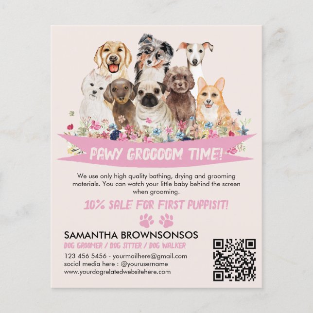 Flyer Tosa de cães ilustrada com floral simples rosa mar (Frente)