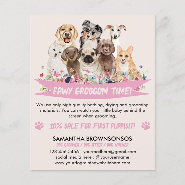 Flyer tosador de cães ilustrado com floral simples rosa  (Frente)