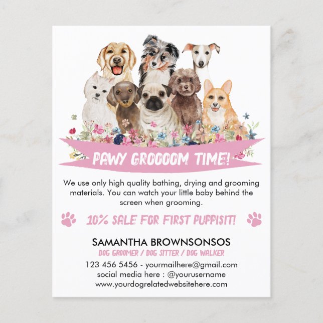 Flyer tosador de cães ilustrado floral simples branco (Frente)