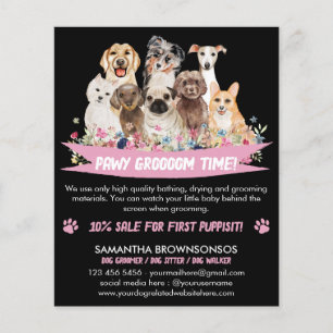 Flyer tosador de cães ilustrado floral simples preto