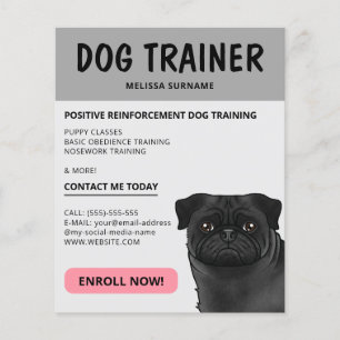 Flyer Treinador de Cão Pug Preto Serviço de Pet Cão Cinz