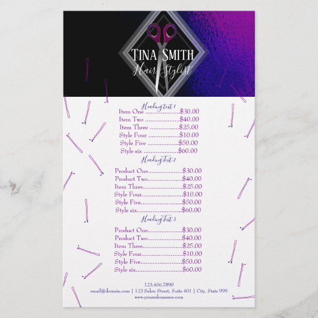 Flyer Trendy Hair Salon Moderno Roxo e Preto (Frente)