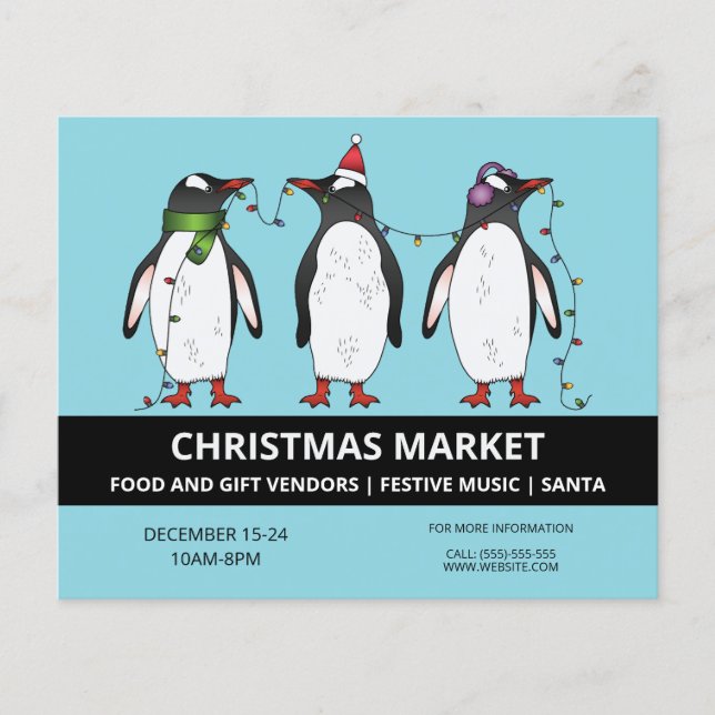 Flyer Três Pinguins Festivos No Mercado Azul - Natal (Frente)