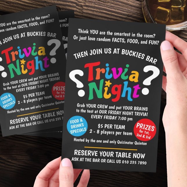 Flyer Trivia Night game night colorful quiz promotional (Criador carregado)