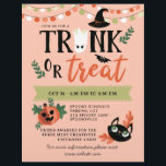 Flyer Tronco do Dia das Bruxas ou Distância Social do Tr<br><div class="desc">Tronco bonito do Halloween ou folheto de banho numa design divertida com um fantasma invertido em vez de U no tronco,  uma abóbora feliz,  um gato preto giro,  um morcego e um chapéu de bruxa.</div>