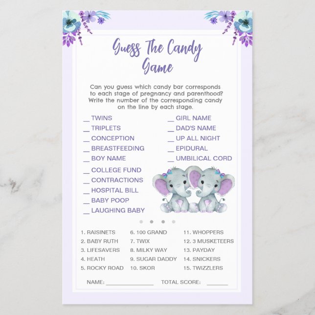 Flyer Twin Elephant Adivinha O Jogo Do Chá de fraldas De (Frente)