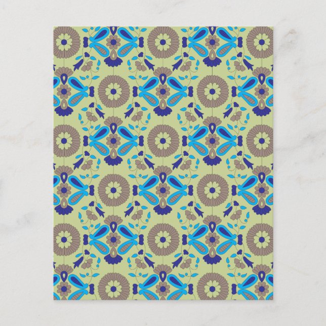 Flyer um padrão azul e verde sobre um fundo verde (Frente)