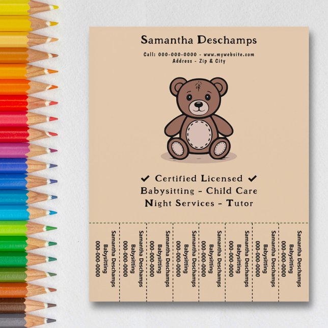 Flyer Urso de Teddy - Folhas de Rasgos com Banheira (Teddy Bear - Babysitter Tear Off Strips Flyer)