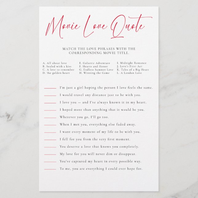 Flyer Valentine Bridal Shower Game Match Movie Quotes  (Frente)