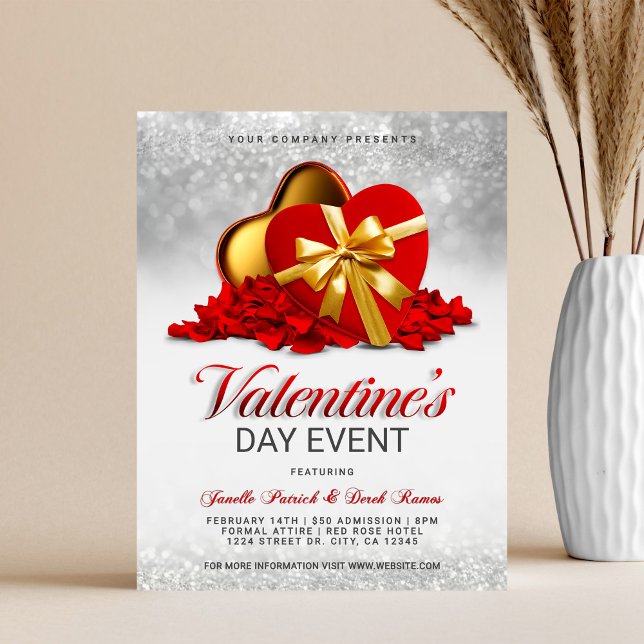 Flyer Valentine's Day Event Red Heart Box & Rose Petals (Criador carregado)