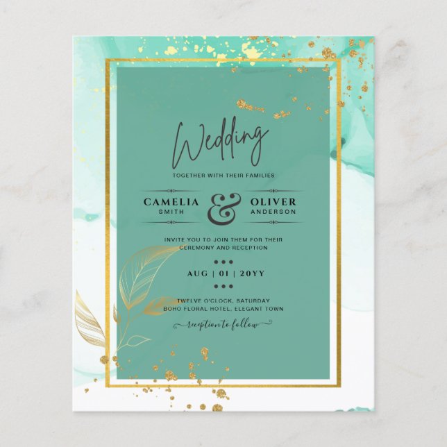 Flyer Verde Menta Dourado CASAMENTO Tinta Alcoólica Abst (Frente)