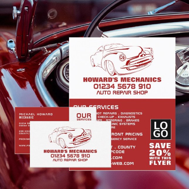 Flyer Vermelho Clássico, Mecânico Automático e Reparo Pu (Criador carregado)