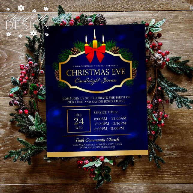 Flyer Véspera de Natal Serviço da Igreja à Luz Azul Dour (Criador carregado)