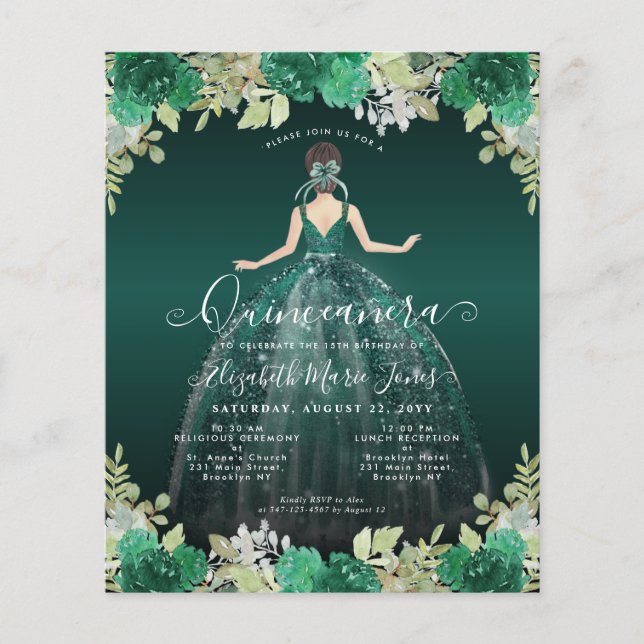 Flyer Vestido Verde Floral Barato Quinceanera Convite (Frente)