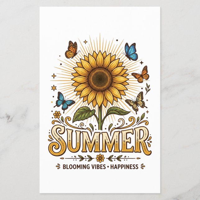 Flyer Vibrante girassol de verão em flor com borboletas (Frente)