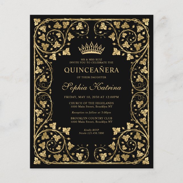 Flyer Vintage Black Floral Dourada Tiara Quinceanera (Frente)