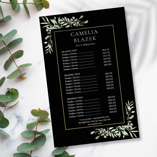 Flyer Watercolor Greenery Salon Black Dourado Service Me (Criador carregado)