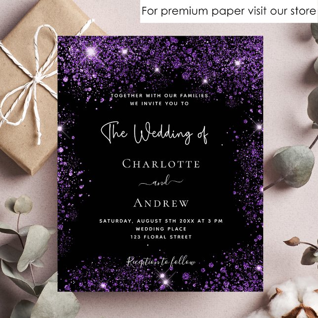 Flyer Wedding black purple glitter budget invitation (Criador carregado)