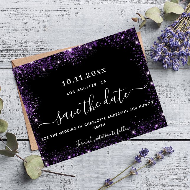 Flyer Wedding black purple glitter budget save date (Criador carregado)