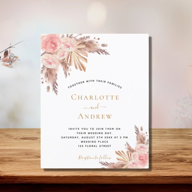 Flyer Wedding boho pampas grass rose gold budget (Criador carregado)