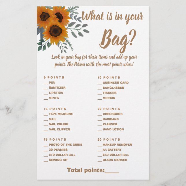 Flyer What is in your Bag Shower Game Card Sunflowers  (Frente)