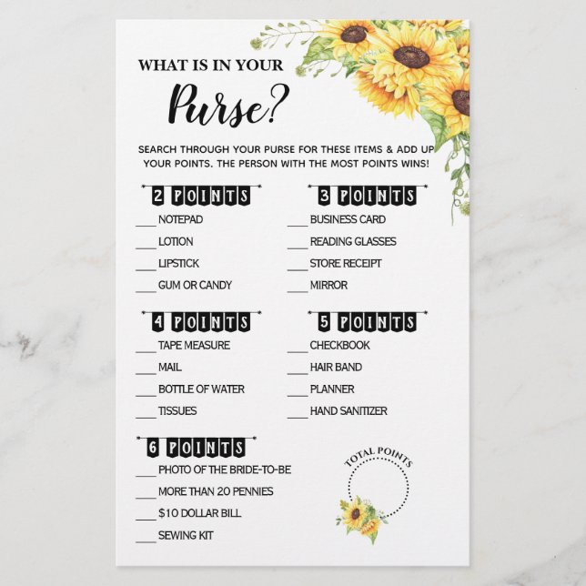 Flyer What is in your Purse Shower Sunflowers Game Card (Frente)
