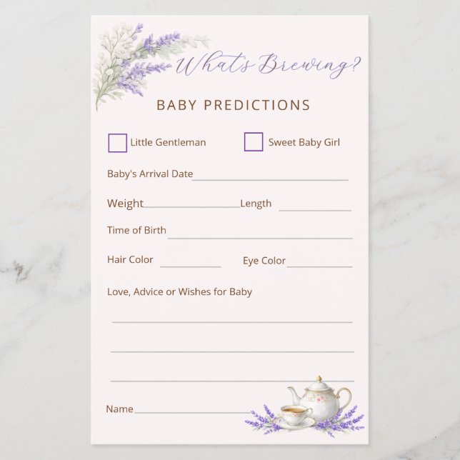 Flyer What's Brewing Tea Party Baby Prediction Card (Frente)