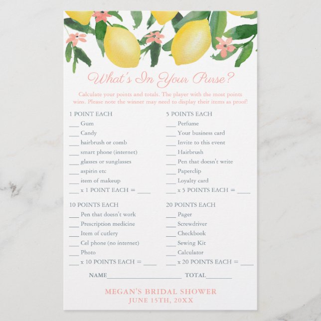 Flyer What's In Your  Purse Game Card For Lemons Shower (Frente)
